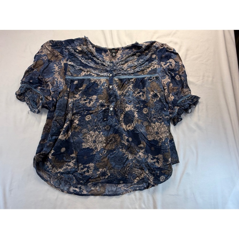 Intro Womens XL Floral Blouse Blue Brown Ruffle Neck Short Sleeve Button Top
